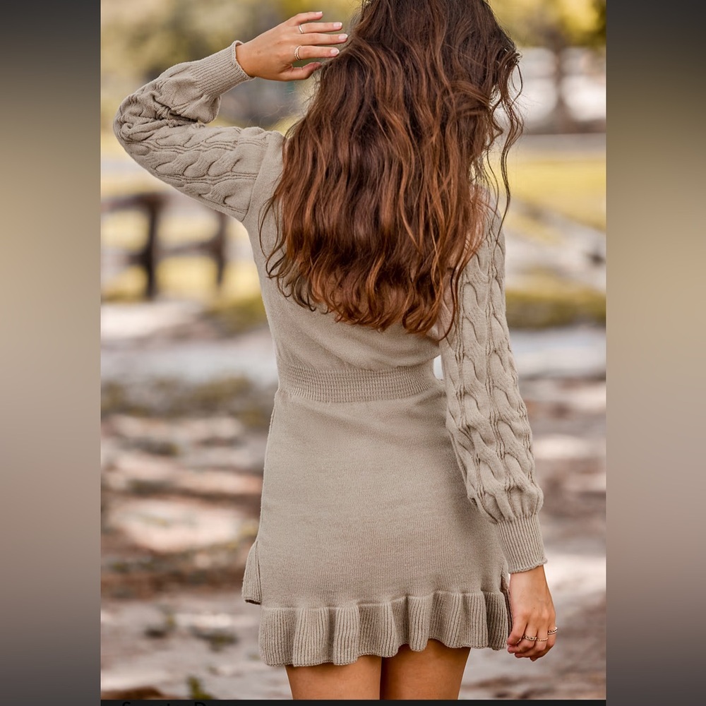 Khaki High Neck Long Sleeve Asymmetrical Hem Mini Sweater Dress 
Size small - Picture 2 of 9